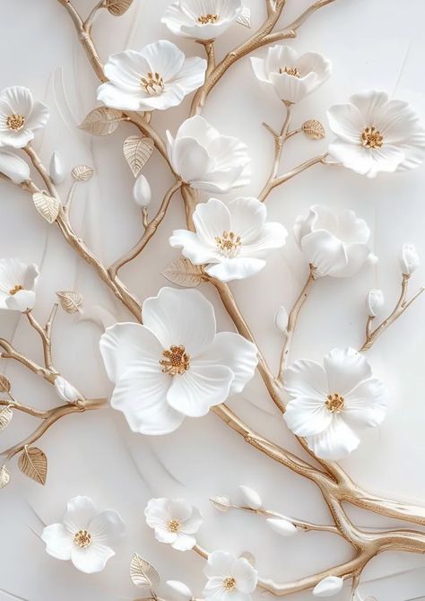 The image shows a white marble wall with a gold and white floral pattern. The flowers are various sizes and have multiple petals. The leaves are also various sizes and have multiple lobes. The veins in the leaves are visible. The flowers and leaves are arranged in a symmetrical pattern. White Gold Flower Wallpaper, Golden Rose Aesthetic, Gold And White Marble Wallpaper, Gold White Aesthetic, White And Gold, Gold And White Aesthetic, White Gold Aesthetic, White And Gold Aesthetic, White And Gold Flowers