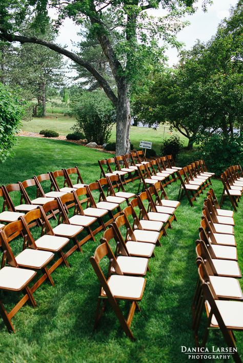 Outdoor backyard wedding ceremony seating - fruitwood, teak brown chairs. Photography: www.danicalarsen.com Brown Chairs Wedding Ceremony, Brown Chairs Wedding, Chairs Photography, Lakeside Ceremony, Schoolhouse Wedding, Outdoor Backyard Wedding, Mendocino Wedding, Event Chairs, Wedding Reception Chairs