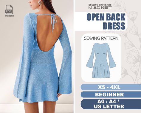 Open back dress sewing pattern for beginners. This design has fun flared sleeves and a casual fit that is not skin tight. Pattern is designed for stretch fabrics, it doesn't require zipper. Digital PDF digital sewing patterns available instantly. OPEN BACK DRESS SEWING PATTERN PREVIEW: * Size: XS-4XL * Print Size: A4 / US Letter / A0 Paper Size * Tools: Regular Sewing Machine, Serger Machine  * Materials: 4 Way Stretch Lightweight To Medium WeightFabric (polyester blends, light knits, nylon, vis Backless Dress Sewing, Open Back Dress Pattern, Backless Dress Pattern, Tiered Dress Pattern, Flare Pants Pattern, Flare Dress Pattern, Halter Top Pattern, Bathing Suit Patterns, Summer Slip Dress