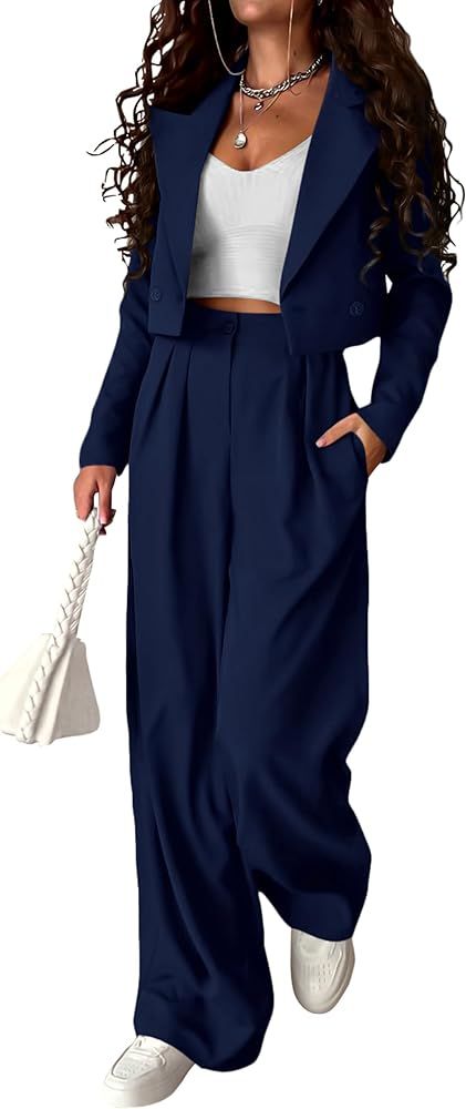 Amazon.com: PRETTYGARDEN Women's 2 Piece Casual Outfits Cropped Blazer Jackets High Waisted Wide Leg Work Pants Suit Set (Navy,Medium) : Clothing, Shoes & Jewelry Wide Leg Work Pants, Wide Leg Pant Suit, Cropped Blazer Jacket, Pant Suits, Business Casual Outfits For Women, Pantsuits For Women, Leg Work, Blazer Designs, Pants Suit