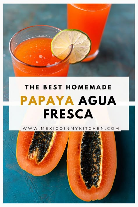 Papaya Drink is the perfect tropical drink to quench your thirst on a hot summer day. It is made with fresh papaya fruit and water and can be sweetened with sugar or honey to taste. Fresh Papaya Recipes, Papaya Water, Aquas Frescas, Mexican Potluck, Papaya Drink, Mexican Beverages, Papaya Recipes, Agua Fresca Recipe, Mexican Favorites