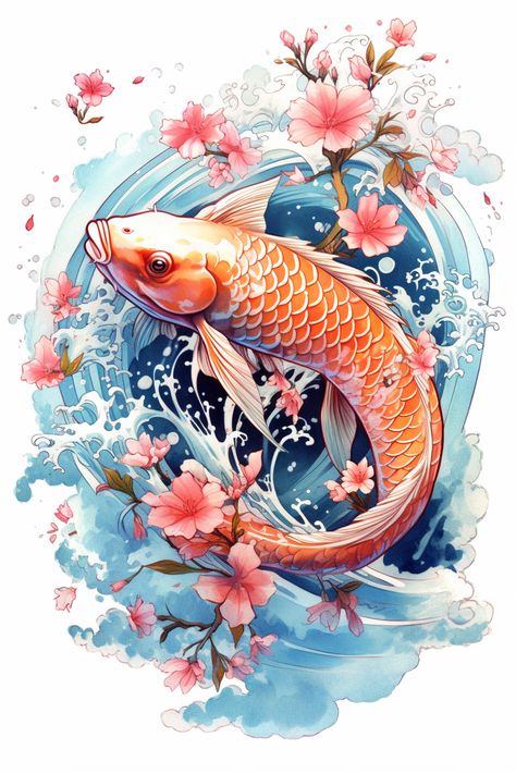 Koi Koi Fish And Cherry Blossom, Pink Koi Fish, Mural Inspiration, Japanese Pop Art, Water Tattoo, Koi Art, Asian Aesthetic, Koi Tattoo, Amazing Crafts