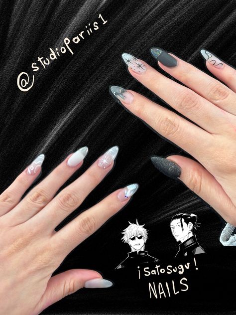 Uñas de anime, uñas de jujutsu kaisen, jujutsu kaisen Satosugu Nail Art, Cute Nails Anime, Gojo Nails Design, Gojo Satoru Nails Art, Anime Nails Designs Simple, Gojo Satoru Nails Design, Gojo Nail Ideas, Gojo Themed Nails, Jjk Nails Designs Gojo