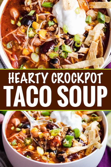 Packed with flavor, this Crockpot Taco Soup tastes just like your favorite taco, in comforting soup form!  Perfect for a hectic weeknight dinner, there are slow cooker, stovetop and instant pot directions! #taco #soup #crockpot #slowcooker #weeknight #easyrecipe #comfortfood Crockpot Taco Soup, Crockpot Taco, The Chunky Chef, Soup Crockpot, Chunky Chef, Crock Pot Tacos, Comforting Soup, Comfort Soup, Taco Soup