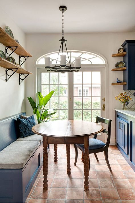 Bold Mediterranean Kitchen in Narberth - Mediterranean - Dining Room - Philadelphia - by Airy Kitchens Terracotta Tile Floor, Mediterranean Dining Room, Terracotta Floors, Terracotta Tile, Mediterranean Kitchen, Stained Table, Terracotta Floor, Modern Farmhouse Bathroom, Blue Cabinets