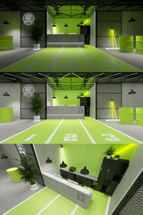 Gym reception interior design concept - urban style. Cool Gym Interior, Gym Club Design Interiors, Sport Interior Design, Fitness Reception, Gym Reception Design, Bright Gym, Gym Reception, Club Design Interior, Commercial Gym Design