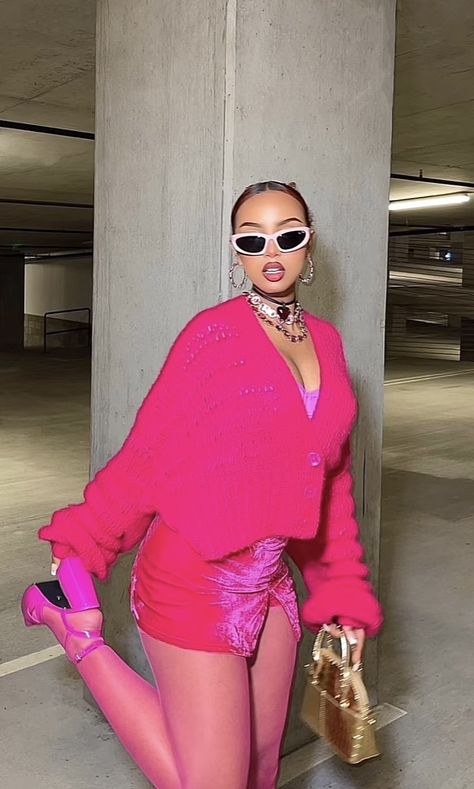 Eclectic Dressing Style, Fushia Pink Outfit, Monochromatic Outfit Pink, Bright Pink Outfit, Vegas Ootd, Y2k Pink Outfit, Pink Shirt Outfit, Bad Dresses, Ibiza Outfits