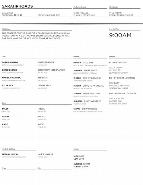 Call Sheet example. This organises your cast and crew. Photoshoot Call Sheet, Call Sheet Photoshoot, Call Sheet Template, Gift Tag Template Free, Film Moodboard, Puzzle Piece Template, Table Of Contents Template, Screenplay Writing, Water Bottle Labels Template