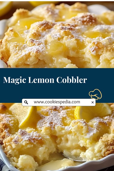 This Magic Lemon Cobbler is an easy recipe bursting with fresh lemon flavor! With a soft, buttery crust and luscious lemon filling, it's the perfect dessert for parties, brunch, or any gathering. Ready in under an hour, this bright and tangy treat will quickly become a family favorite! 🍋💛 Lemon Fluff Recipe, Magic Lemon Cobbler, Lemon Cobbler, Fresh Lemon Recipes, Lemon Desserts Easy, Meyer Lemon Recipes, Cobbler Easy, Lemon Pie Filling, Potluck Desserts