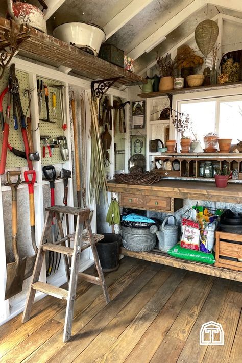 Rustic She Shed Interior, Potting Shed Interior Ideas, Barn Wood Floors, Rustic She Shed, She Shed Garden, Rustic Potting Benches, She Shed Interior Ideas, She Shed Interior, Cottage Garden Sheds