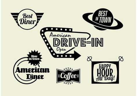 50's Diner Advertising Sign Vectors - Download Free Vectors, Clipart Graphics & Vector Art Diner Branding, Diner Logo, Diner Coffee, Fast Food Logos, Diner Sign, 50s Diner, Vintage Diner, Vintage Logos, Vector Art Design