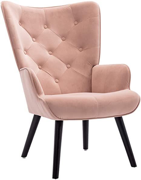 Modern Velvet Accent Arm Chair, Vintage Single Sofa Comfy Upholstered Armchair Living Room Bedroom Furniture with Solid Wood Legs (Pink) Cheap Comfy Chairs, Comfy Rocking Chair, Bedroom Reading Chair, Pink Accent Chair, Pink Chairs, Fabric Accent Chair, Cozy Chair, Velvet Accent Chair, Single Sofa Chair