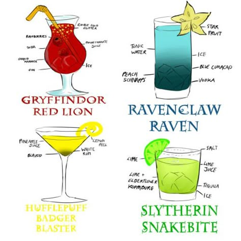 So i’m working on a harry potter based drinks menu and couldn’t help making up some hogwarts house based drinks. They’re all based (loosely) on existing cocktails. Potions Cocktails, Harry Potter Motto Party, Harry Potter Cocktails, Harry Potter Drinks, Harry Potter Marathon, Harry Potter Theme Party, Harry Potter Food, Festa Harry Potter, Anniversaire Harry Potter