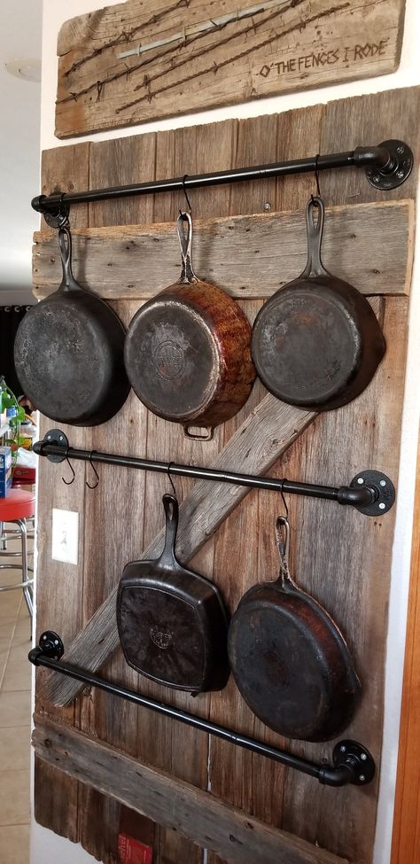 Kitchen Cast Iron Display, Cast Iron Holder, Cast Iron Hanging Ideas, Hang Pots And Pans From Ceiling, Hanging Saucepans Kitchen, Cast Iron Skillet Wall, Cast Iron Hangers Pot Racks, Skillet Wall, Industrial Pot Rack