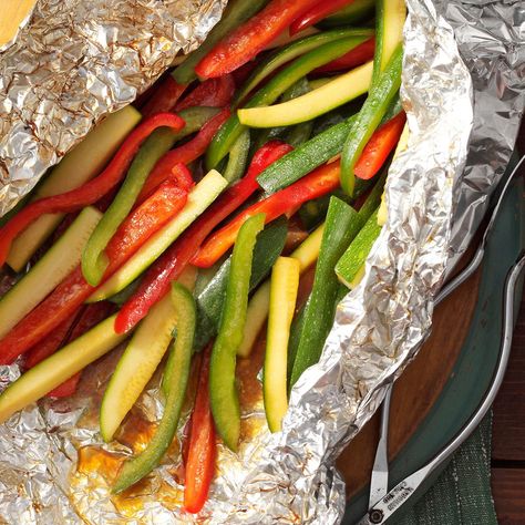 Grilled Peppers and Zucchini Grilled Zucchini Recipes In Foil, Peppers On The Grill, Cheesy Breakfast Potatoes, Bbq Side Dishes, Foil Packet Meals, Grilled Peppers, Grilling Sides, Zucchini Recipe, Bbq Sides