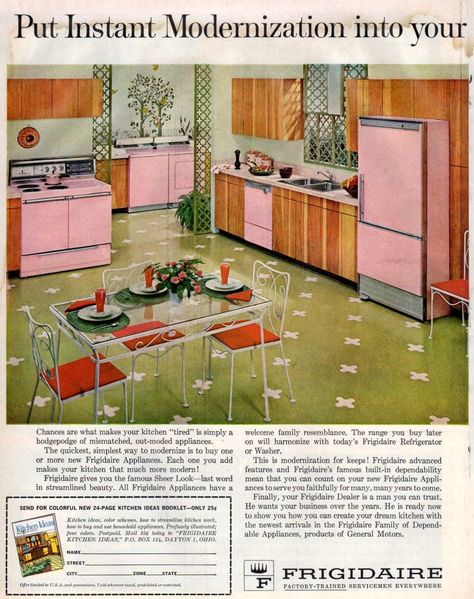 The mid century modern kitchen: These pink kitchens from the 1950s are unforgettable Vintage Pink Kitchen, Brick Floor Kitchen, Yellow Kitchens, Retro Pink Kitchens, Yellow Kitchen Designs, Pink Kitchens, 1950s Home Decor, Green Kitchen Decor, Appliance Storage