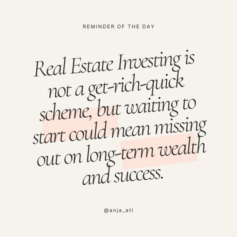 Wednesday Wisdom Here's the real deal: Real estate investing isn't a magic wand for instant riches, but it's a journey I've embarked upon, and it's worth every step. Waiting too long might mean missing out on the road to long-term wealth and success. I refuse to let that happen! 🔑💰 Join me in this adventure, and let's make our financial dreams come true, one property at a time. 💪💫 Real Estate Investing Quotes, Real Estate Marketing Quotes, Investment Quotes, Motivation Monday, Wednesday Wisdom, Maybe Someday, Short Term Rental, Moving Day, Real Estate Tips