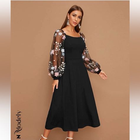 Black Floral Long Sleeve Formal Dress Simple Frock Design, Simple Frocks, Frock For Women, Mesh Maxi Dress, Lantern Sleeve Dress, Shein Dress, فستان سهرة, Frock Design, Women Long Dresses