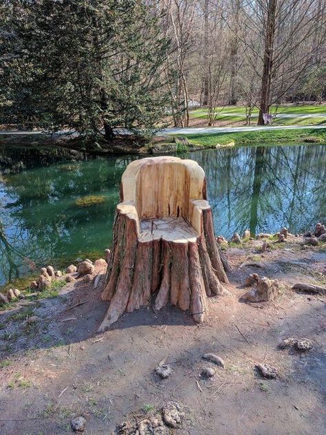 Tree Trunk Chair Carved Tree Stump, Tree Stump Decor, Log Chairs, Tree Logs, Tree Furniture, Tree Carving, Garden Route, Fence Decor, Trendy Tree