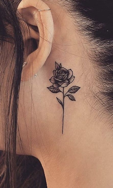 Rose Tattoo Behind Ear, Rose Neck Tattoo, Flower Neck Tattoo, Butterfly Neck Tattoo, Behind The Ear Tattoo Ideas, Small Neck Tattoos, Behind The Ear Tattoo, Behind Ear Tattoos, Girl Neck Tattoos