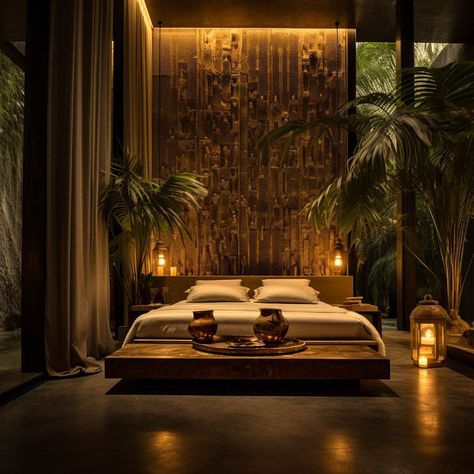 Luxury Nigerian Homes, Jungle House Bedroom, Dark 80s Interior Design, Tropical House Bedroom, Mansion Bedroom Aesthetic, Tropical Decor Bedroom, Tropical Hotel Room, Hotel Room Interior Luxury, Jungle Bedroom Ideas For Adults