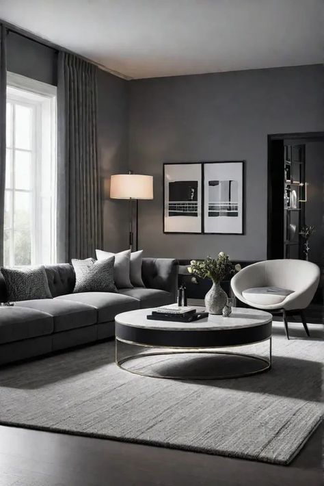 Black Wood Grey Living Room, Grey Home Interior Design, Black White And Gray Interior Design, Monochromatic Grey Living Room, Grayscale Living Room, Modern Abstract Interior Design, Gray Monochromatic Living Room, Grey Loving Room, Grey White And Black Living Room