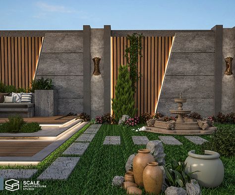 Front Lawn Designs Landscaping Ideas, Lawn Wall Design, Terrace Garden Wall Design, Exterior Wall Design Facades, Modern Villa Landscape Design, Garden Wall Design Outdoor, Terrace Wall Design, Landscape Wall Design, Outdoor Wall Design Ideas