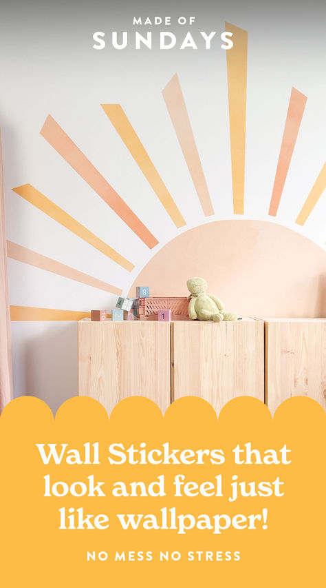 Bring the sunshine to your kids room with our Big Rising Sun wall sticker, or give your living room a new look with soft florals. Nothing like the shiny plastic stickers of olden days, our decals are made of a self-ahdesive matte wallpaper which makes the stickers look painted on your wall. And what's best, you don't need to protect your floors and windows or clean paintbrushes when you are done. Matte Wallpaper, Olden Days, Plastic Stickers, Kids Wall Decals, Rising Sun, Room Paint, Painting For Kids, Apartment Therapy, The Sunshine