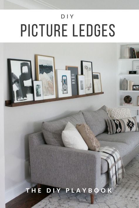 How to build DIY picture ledges so you can display art in your family room. These easy ledges are great because you can swap out the art in your living room on a whim! Plus, this is a great way to showcase art above your couch! #pictureledge #wallart #livingroom #abovethecouch Shelves Above Couch, Living Room Decor Pictures, Couch Wall Decor, Picture Ledges, Koti Diy, Over The Couch, Above Couch, Picture Ledge, Living Room Shelves