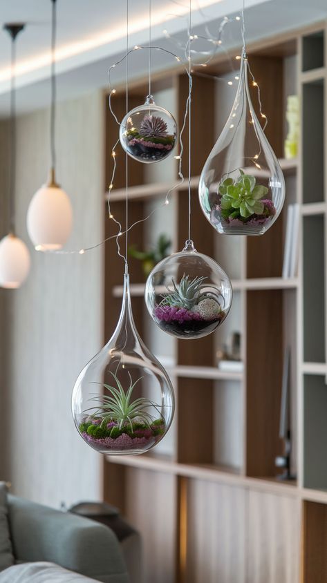 These floating glass terrariums with air plants, moss, and pebbles add a modern, stylish touch to your home! Perfect for any minimalist or boho decor. Fairy Terrarium, Glass Terrarium, Green Space, Zen Garden, Air Plants, Indoor Garden, Terrarium, Boho Decor, Floating