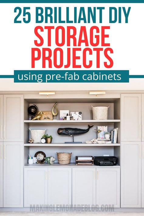 25 DIY Built-Ins Using Prefab Bookcases + Cabinets - Making Lemonade Stock Cabinets For Built In, How To Build Cabinets, Build Cabinets, Cabinet Building, Diy Storage Projects, Making Lemonade, Frameless Cabinets, Stock Cabinets, Built In Cabinets