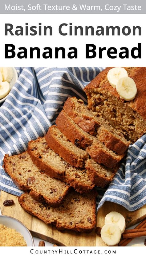 This moist and delicious homemade raisin banana bread is packed with the sweet flavors of banana, raisins, brown sugar, and cinnamon. All you need is a bowl and whisk to pull this easy banana bread recipe together in less than 15 minutes. Having a slice for breakfast is the perfect way to start the day! Make version with walnuts, pecans, or other nuts, rum, blueberries, cherries, apricots, pumpkin pie spice, apple, pineapple, cream cheese glaze or a cinnamon topping. | CountryHillCottage.com Raisin Banana Bread Recipe, Raisin Banana Bread, Banana Bread Healthy Easy, Raisin Bread Recipe, Cinnamon Raisin Bread Recipe, Cinnamon Banana Bread, Classic Banana Bread, Raisin Recipes, Homemade Banana Bread