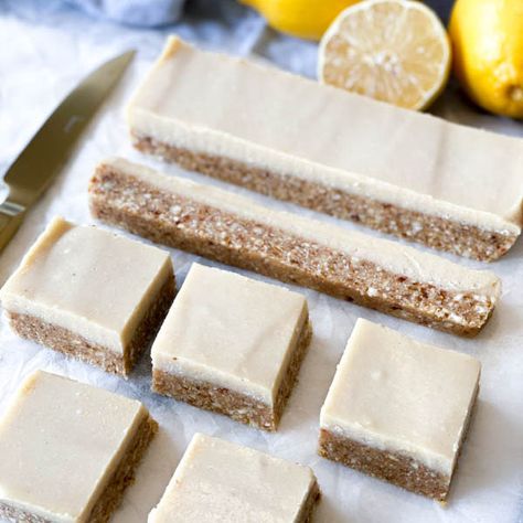 Raw Lemon Slice - Katy's Food Finds How To Freeze Asparagus, Raw Lemon Bars, Freezing Asparagus, Healthy Slices, Healthy Slice, Raw Snacks, Coconut Slice, Raw Vegan Diet, Chocolate Slice