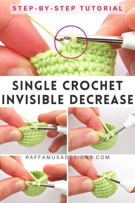 a collage of pictures showing how to crochet an invisible decrease in single crochet Brown Bear Crochet, Crochet Things To Make, Invisible Decrease, Invisible Join, Amigurumi Tips, Crochet Ornament Patterns, Single Crochet Decrease, Crochet Weave, Crochet Ball