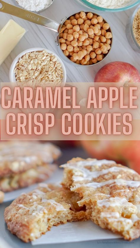 These Caramel Apple Crisp Cookies are amazing. With all the best flavors of caramel apples in chewy crisp cookies. Perfect for fall or all year long, Make these cookies for a special treat, a bake sale, or holiday cookie tray. Caramel Apple Crunch Cookies, Homemade Bake Sale Ideas, Fall Bake Sale Items That Sell, Easy Halloween Bake Sale Treats, Cheap And Easy Bake Sale Treats, Baked Goods For Bake Sale, Halloween Bake Sale Treats, Fall Bake Sale Treats, Fall Treats To Sell