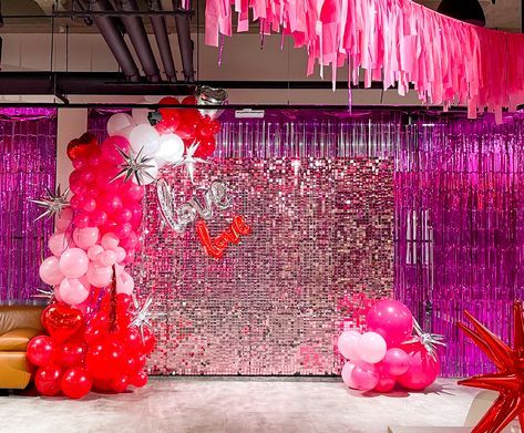 Pink sequin wall decorated with balloons for a beautiful Valentines backdrop. Valentines venue decoration #backdropwall #sequinwall #eventdecor #valentinesdaydecor #creativeboackdrops Sequin Wall Backdrop, Valentines Backdrop, Valentine Backdrop, Sequin Wall, Creative Company, Wall Backdrops, So Creative, Valentines Day Decorations, Pink Sequin