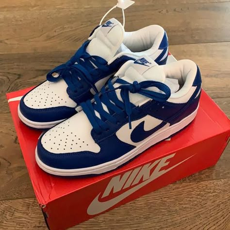 Blue and White Nike Dunks Low men’s size 7 Blue And White Nike Dunks, Nike Dunk Low Outfit Men, Nike Azul, Nike Dunks Low, Blue Sparkly Dress, Nike Shoes Blue, Dunks Low, Shiny Shoes, Blue Jordans