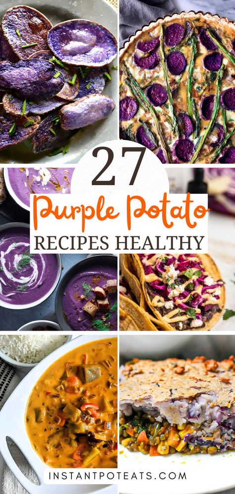 From crispy chips to creamy soups, these recipes are not just healthy; they’re a feast for the eyes! #PurplePotatoLove #HealthyRecipes #GourmetCooking" Purple Sweet Potato Soup, Recipes With Purple Sweet Potatoes, Purple Potato Soup, Purple Potato Recipe, Purple Soup, Purple Sweet Potato Recipes, Purple Potato Recipes, Potato Recipes Healthy, Sweet Potato Dishes