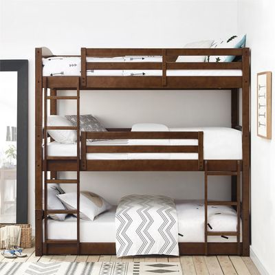 Sleep three in style with the highly customizable, space-saving design of the Sierra Triple Bunk Bed. The increased sleeping capacity is a common sense solution for cottages, extended family, out-of-town visitors or hosting your child's rambunctious friends for a sleepover. The sturdy, solid wood construction design is both durable and functional. The Sierra features a rich mocha finish, clean lines and horizontal slats with two built-in ladders to access to the upper bunks. Each bed boats its o Bunk Bed Rooms, Triple Bunk Beds, Modern Bunk Beds, Triple Bunk Bed, Triple Bunk, Bunk Rooms, Cool Bunk Beds, Wood Bunk Beds, Bunk Beds With Stairs