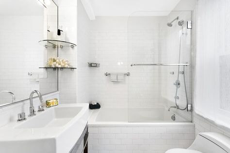 Nyc Apartment Bathroom, Small Rental Bathroom, Nyc Bathroom, Rental Bathroom Makeover, White Bathroom Tiles, Apartment Renovation, Gorgeous Bathroom, Complete Bathrooms, Apartment Bathroom