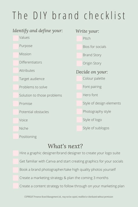 Starting A Brand Checklist, Small Business Daily Checklist, Branding Checklist Small Businesses, Welcome Package Ideas, Makeup Marketing Ideas, Business Launch Checklist, Diy Brand, Branding Checklist, Marketing Strategy Plan