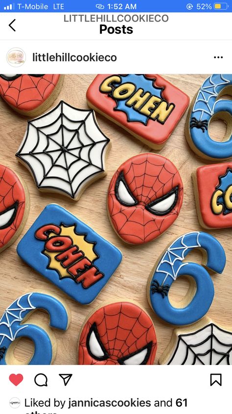 Spiderman Biscuits, Sixth Birthday, Fancy Cookies, Cookie Art, Icing Cookies, Royal Icing Cookies, Royal Icing, Cake Cookies, Sugar Cookies