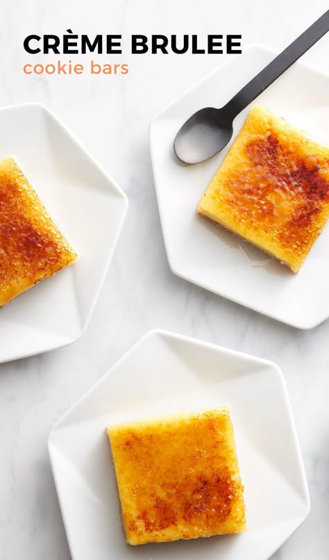 Crème brûlée, meet sugar cookie -- in this easy dessert bar recipe, both treats come together in each bite. With only 20 minutes of prep, you won't believe how simple these show-stopping bars are to make! Creme Brulee Bites, Creme Brulee Bars Recipe, Creme Brûlée Cookies, Crème Brûlée Bars, Crème Brûlée Cookies, Creme Brulee Cookies, Creme Brulee Bars, Creme Brulee Cookie Recipe, Creme Brulee Cookie