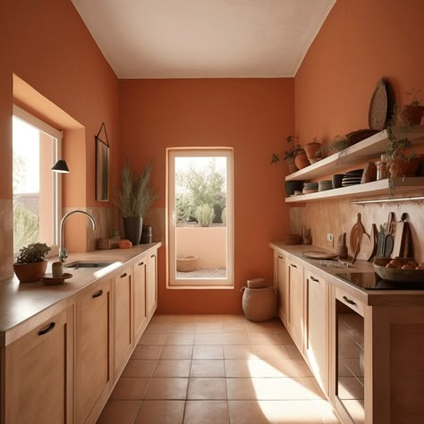 Terracotta Paint Color Kitchen, Salmon Kitchen Walls, Kitchen Orange Walls, Terracotta Wall Color Kitchen, Terracotta Cafe Interior, Terracotta Mudroom, Terracota Floor Kitchen, Kitchen Terracotta Tiles, Terracotta Color Kitchen