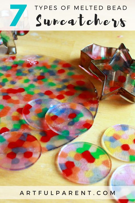 7 Ways to Make Melted Plastic Bead Suncatchers Homemade Suncatchers, Bead Crafts For Kids, Melted Bead Suncatcher, Plastic Beads Melted, Melted Pony Beads, Melted Bead Crafts, Easy Art For Kids, Art Activities For Toddlers, Suncatcher Craft