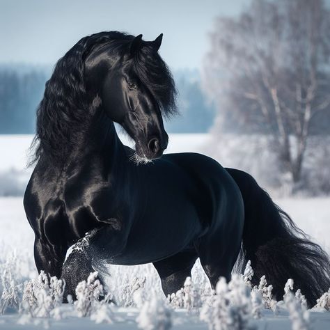 Sabien Zwaga | De winter komt er aan! photo copyright @sabien_zwaga ❄️ #friesianhorse #kfpsroyalfriesianhorse #aiart | Instagram Warlander Horse, Black Stallion Horse, Winter Horse, Beautiful Horse Pictures, Winged Horse, Horse Wallpaper, Black Stallion, Horse Aesthetic, Most Beautiful Horses