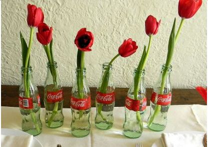 vintage coke bottle crafts | Coke Bottle Vases Coke Bottle Crafts, Coke Crate Ideas, Wedding Expo Booth, Sock Monkey Birthday Party, 50s Theme Parties, How To Garden, Bottle Centerpieces, Blue Graduation, Baseball Birthday Party