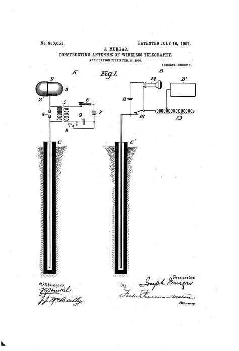 Patent US860051 - Constructing antennæ of wireless telegraphy. - Jul 16, 1907 Tesla Technology, Earth Connection, Nicolas Tesla, Earthing Grounding, Electrical Diagram, Show Me The Money, Amateur Radio, Nikola Tesla, Circuit Diagram