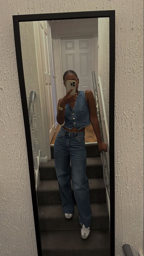 Denim waistcoat, denim trend , wide leg jeans Denim Vest And Shorts Outfit, Jeans Waistcoat Woman Outfit, Vest Outfits Denim, Demin Vest Outfits Aesthetic, Denim Vest Festival Outfit, Demin Vest Outfit Fall, Jean Tank Top Outfit, Denim And Denim Outfit, Denim On Denim Concert Outfit