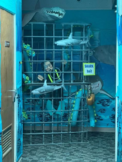 Jaws Halloween Decorations, Deep Sea Halloween Decorations, Haunted Ocean Halloween, Scary Ocean, Sharks Scary, Sea Shark, Shark Cage, Beach Room Decor, Halloween Office